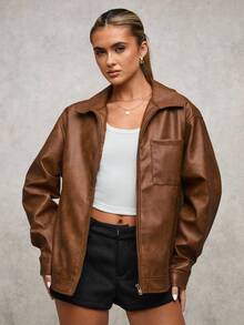 SHEIN BAE 女士纯色拉链休闲百搭长袖夹克棕色仿皮斑驳纹理腰带下摆机车夹克复古做旧皮革冬季女式夹克感恩节女式冬季女式外套圣诞节女式圣诞冬季夹克 - 鏽棕色 - 查看 3
