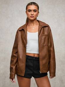 SHEIN BAE 女士纯色拉链休闲百搭长袖夹克棕色仿皮斑驳纹理腰带下摆机车夹克复古做旧皮革冬季女式夹克感恩节女式冬季女式外套圣诞节女式圣诞冬季夹克 - 鏽棕色 - 查看 5