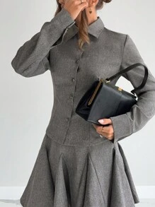 Siren Gaze Bộ 2 món áo thun tay dài màu trơn, cài nút thời trang và chân váy midi nhún bèo nhún cho nữ - Xám - Xem 3