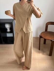 DAZY 女士简约纹理面料家居服套装睡衣 - 駝色 - 查看 1