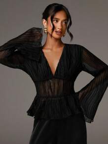 Athîral 女士时尚优雅V领长袖衬衫，黑色薄纱上衣，黑色网纱上衣，褶皱上衣，女士薄纱上衣，黑色派对上衣 - 黑色 - 查看 1