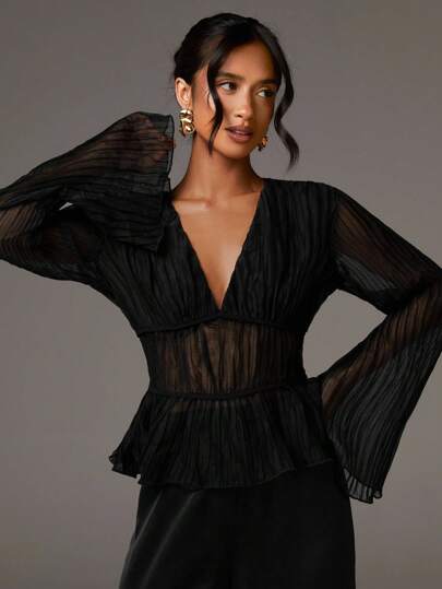 Athîral Dammode Elegant V-ringad Långärmad Blus Transparent Svart Topp Svart Mesh Topp Plisserad Topp Transparenta Toppar För Dam Svart Festtopp