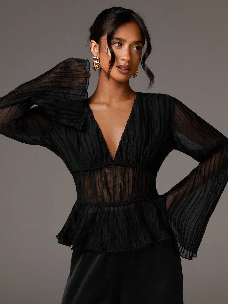 Athîral 女士时尚优雅V领长袖衬衫，黑色薄纱上衣，黑色网纱上衣，褶皱上衣，女士薄纱上衣，黑色派对上衣 - 黑色 - 查看 1