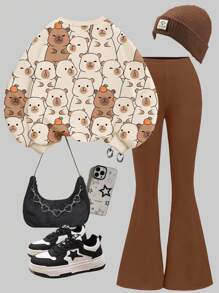 SHEIN Bộ đồ gồm 2 món: Áo nỉ cổ tròn và quần ống loe in hình hoạt hình thú vật Capybara vui nhộn dành cho bé gái, chất liệu dày dặn, thoải mái, thích hợp cho mùa thu đông, dễ mặc, nhiều lớp cho bé gái, phong cách thời trang, trang phục thường ngày, quần áo in hình cho trẻ em, đi học, trang phục mùa thu, lễ hội. - Nhiều màu - Xem 2