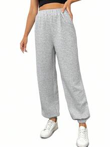 EMERY ROSE Elegant & Casual High Waist Loose Waffle Plaid Tapered Leg Women Pants, Autumn/Winter Fall Cloth For Women - Grey - View 4