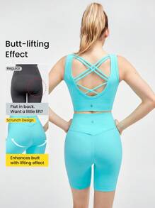 GLOWMODE 無縫動力加強V領交叉胸衣和條紋短褲套裝，中等強度運動跑步 - 藍色 - 查看 3