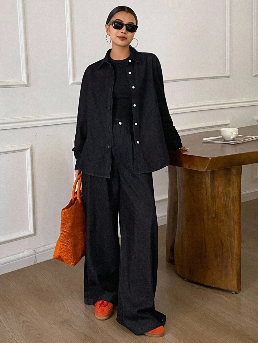 DAZY Women's Loose Denim Shirt With Collar And Straight Leg Pants 2 Pieces Casual Denim Suit - Dark Wash - View 1