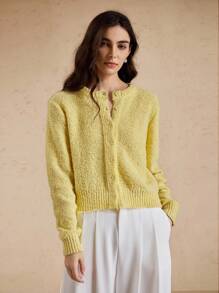 Briarwyn 秋冬老款女装纯色圆领落肩长袖休闲宽松薄款黄色开衫返校季保暖毛衣开衫 - 黃色 - 查看 4