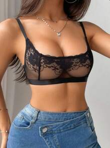 SHEIN 1 件女士性感舒适蕾丝花饰浪漫文胸，半杯 - 黑色 - 查看 6