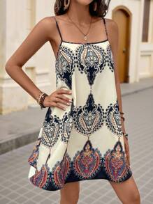 Brillora Summer Boho Graphic Print Cami Dress - Multicolor - View 4