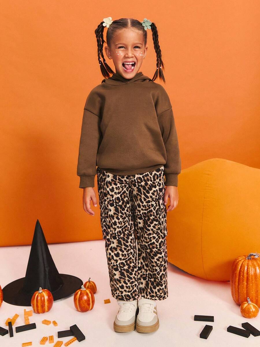SHEIN 2pcs/Set Young Girl Coffee Brown Knit Hoodie & Leopard Print ...
