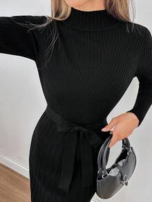 SHEIN Tall Belted Detailed Rib-Knit Solid Color Casual Frenchy Sweater Dress - Black - View 8