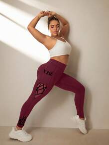 Easithlete 加大码不对称功能紧身裤，紧身提拉口袋网眼羊毛裤瑜伽女裤 - 中紫紅色 - 查看 4