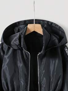 Tween Girl Autumn/Winter Ruffle Hem Hooded Front Short Back Long Sleeve Letter Tape Zip-Up Windbreaker Jacket, Suitable For Daily Commute Fall - Black - View 6