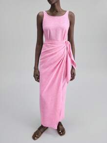 Ontre 2025 女士休闲纯色无袖裹身长裙，适合海滩、度假、毕业典礼、办公室、海滩派对、夏季 - 玫紅色 - 查看 7