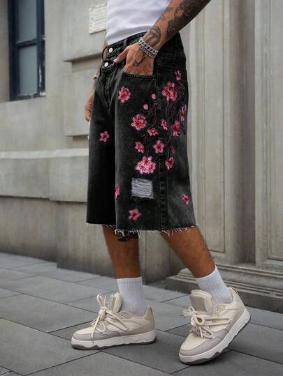 Street Life Short en jean à double taille avec broderie florale pour hommes