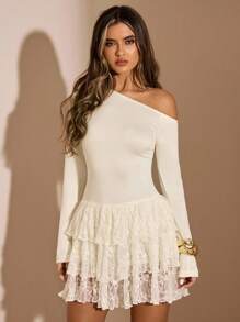 SHEIN BAE 杏色纯色针织蕾丝拼布斜肩长袖修身荷叶边下摆可爱优雅迷你连衣裙，适合生日、派对、约会、婚礼嘉宾、秋冬分层穿着 - 杏色 - 查看 5