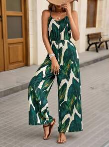 Brillora Tropical Print Wide Leg Cami One Piece Spring Jumpsuit Without Belt - Multicolor - View 4