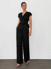 SHEIN Tall 女士优雅办公室套装、上衣和裤子黑色长裤套装，女士黑色阔腿裤套装，秋冬 - 酒紅色 - 查看 7