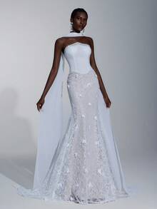 SHEIN Belle Elegant Luxurious Lace Splice Elastic Knit Mermaid Skirt With Trailing Halter Neck, Suitable For Weddings, Parties, Vacations, Balls, Honeymoons, Bridal Gowns - Beige - View 5