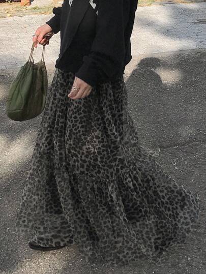 FRIFUL 女士弹力腰带透视豹纹褶裥下摆休闲百搭半身裙，秋季