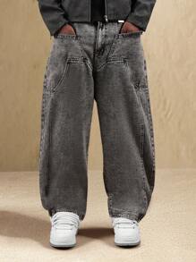 SUMWON 阔腿经典牛仔宽松牛仔裤，带实用口袋，复古街头风，秋冬时尚休闲舒适宽松版型纯色长裤 - 深灰色 - 查看 2