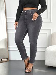 SHEIN Cottnline 98%Cotton Plus High Waist Raw Cut Skinny Jeans - Black - View 4
