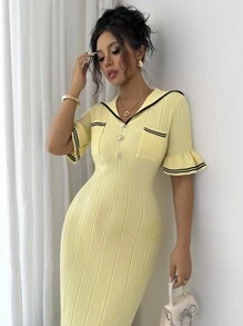 Elenzga Váy len ôm dáng tay ngắn cổ thủy thủ màu vàng kem, màu tương phản, dành cho nữ, đầu thu - Màu vàng - Xem 7
