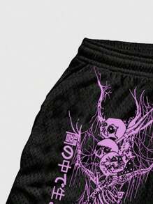 ROMWE MEN Anime Spring/Summer Casual Graphic Men'S Gothic Print 2 In 1 Sports Shorts, Suitable For Everyday Wear, Spring/Summer, Halloween - Black - View 5