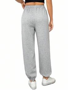 EMERY ROSE Elegant & Casual High Waist Loose Waffle Plaid Tapered Leg Women Pants, Autumn/Winter Fall Cloth For Women - Grey - View 2