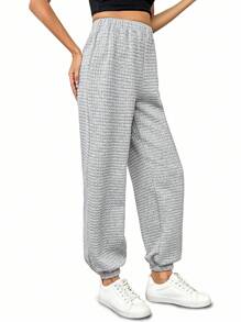 EMERY ROSE Elegant & Casual High Waist Loose Waffle Plaid Tapered Leg Women Pants, Autumn/Winter Fall Cloth For Women - Grey - View 7