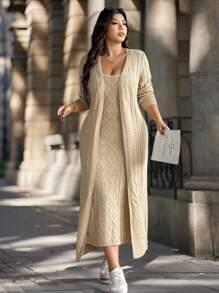 Easura Robe-pull long en tricot torsadé pour femmes grandes tailles, automne/hiver. Cardigan-pull à manches longues, décontracté chic. Convient pour la sortie, les vacances, les fêtes - Kaki - Voir 13
