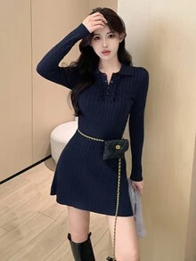 DAZY 女式针织优雅马球领中长迷你连衣裙 - 藍色 - 查看 2