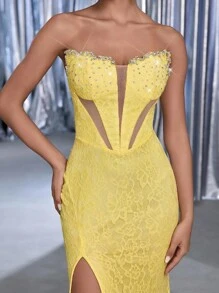 Glamrae فستان رسمي بتصميم خصر مزين بخصر سميك وذيل سمكة شفاف بتصميم بسترة من قماش فابريك أصفر فاتح فاخر