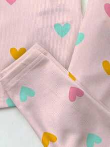 SHEIN Happikins Baby Girl Casual Cute Colorful Heart Print Snug Fit Round Neck Comfortable Short Sleeve Pants Pajamas, Ballet Pink - Multicolor - View 3