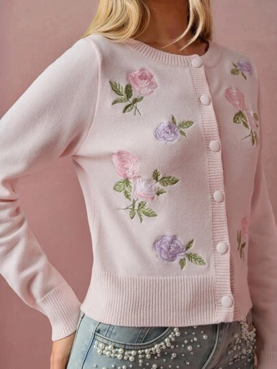 Enchnt Cárdigan de punto de manga larga con bordado floral romántico para mujer, elegante y de moda para fiestas, citas, vacaciones, graduación, salidas, Halloween y Navidad, otoño, Año Nuevo