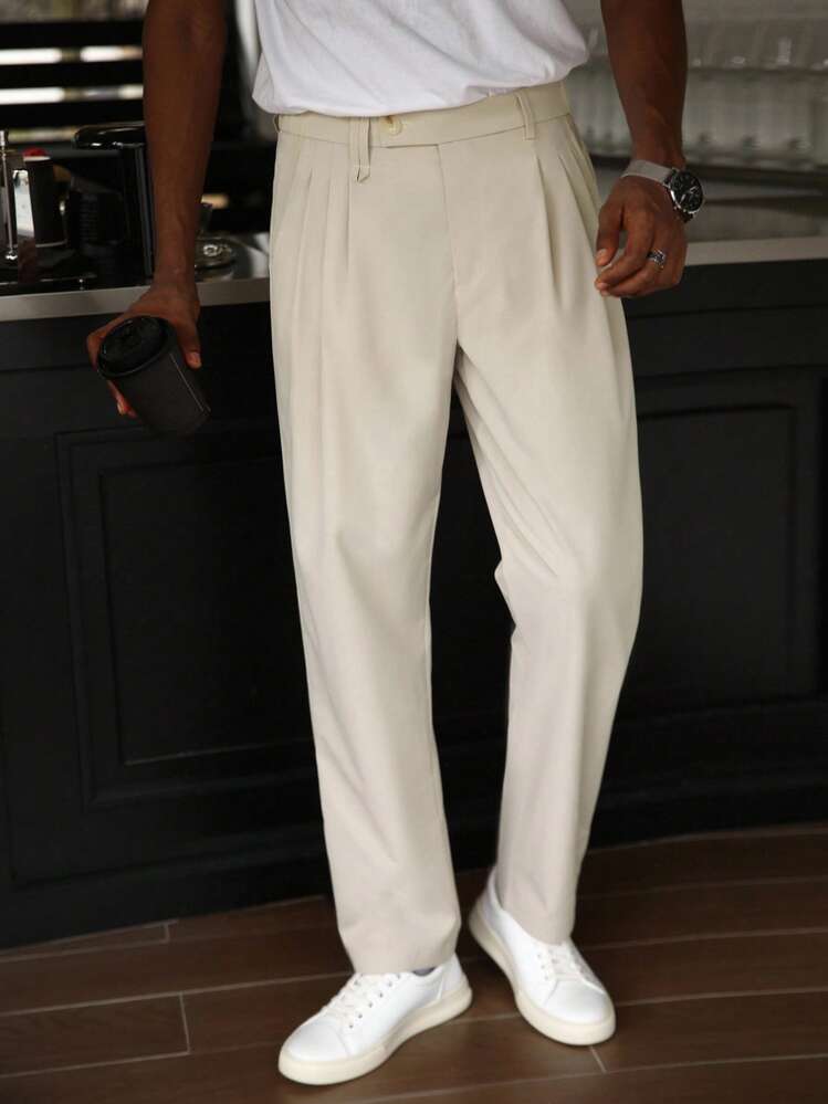 Calvornis 男士休闲纯色西装裤 - 米色 - 查看 4
