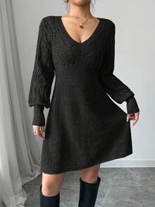 Siren Gaze Váy len ngắn cổ tim dài tay dệt kim thời trang thu đông cho nữ, Váy len ngắn đơn giản cổ chữ V màu trơn cho nữ - màu đen - Xem 3