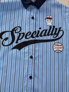 SHEIN Explorewe Casuvi Kid Boys' Striped Print Shirt,Contrast Collar,College Baseball Graphic,Navy Blue,Autumn,Casual,School,Back-To-School,Spring,Vacation Wear - Blue - View 6