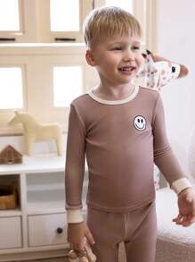 4pcs/Set Young Boy Casual Solid Color Patchwork Crew Neck Long Sleeve Top And Pants Homewear Set - Brown - View 6