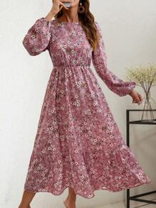 SHEIN LUNE Round Neck Floral Print Ruffle Hem Long Sleeve Dress Maxi Women Outfit