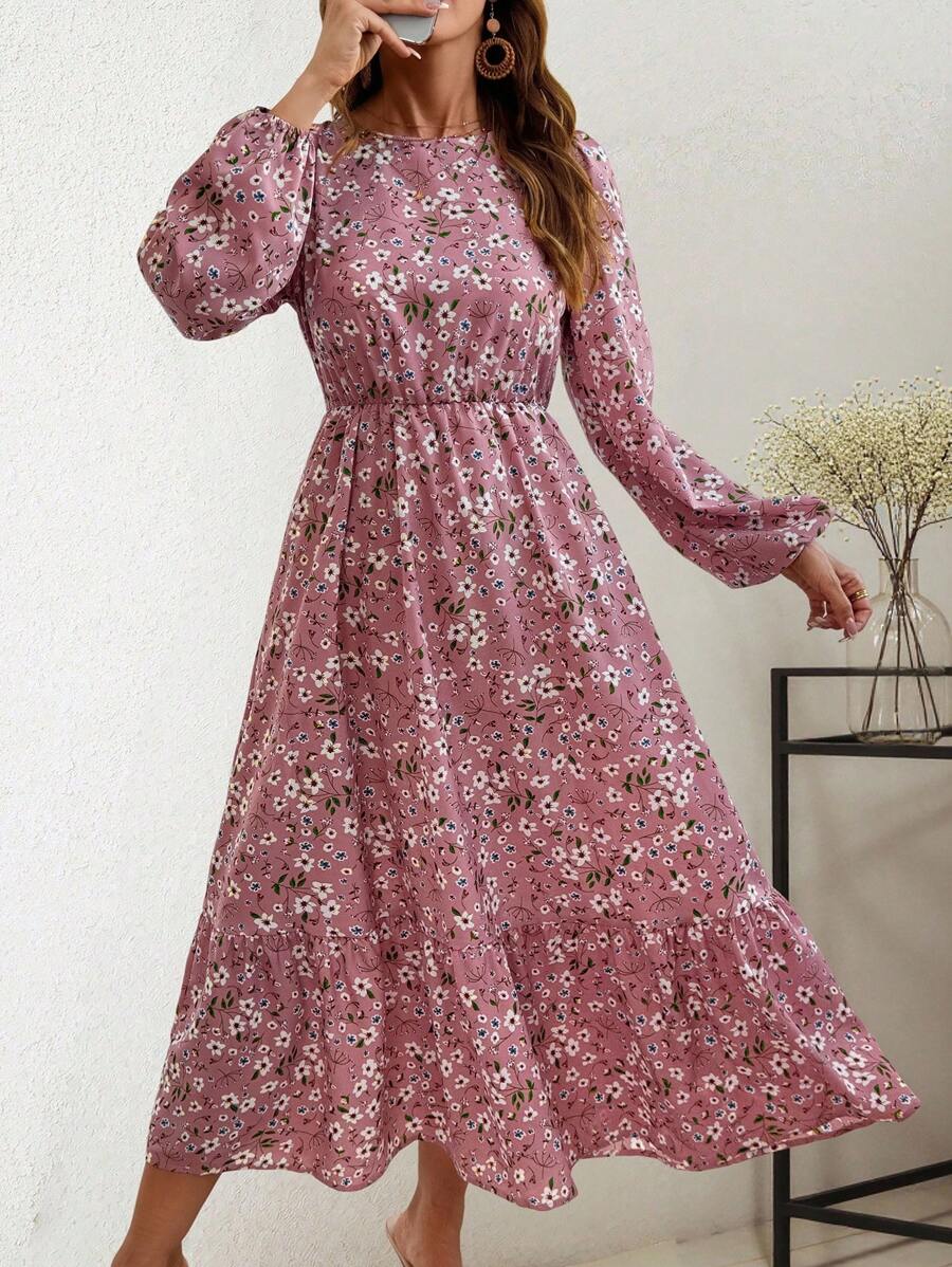 SHEIN LUNE Round Neck Floral Print Ruffle Hem Long Sleeve Dress Maxi Women Outfit