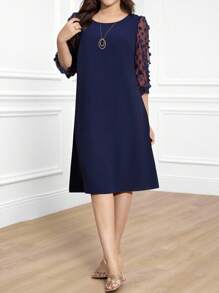 Miaspire Plus Size Summer Elegant 3D Floral Decor Mesh Patchwork Dress, Dress,Flower/Vacation/Spring - Navy Blue - View 6