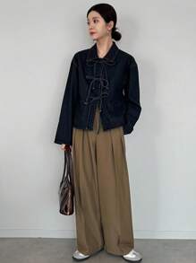 FRIFUL 女式纯色落肩长袖前系带宽松牛仔衬衫 - 黑色 - 查看 3