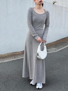 FRIFUL Women's Casual Solid Color Dress, Versatile,Fall Women Clothes Long Sleeve Dress Grey Knit Maxi Dress Grey Maxi Dress Casual Maxi Dress Long Sleeve Maxi Dress Ribbed Knit Maxi Dress