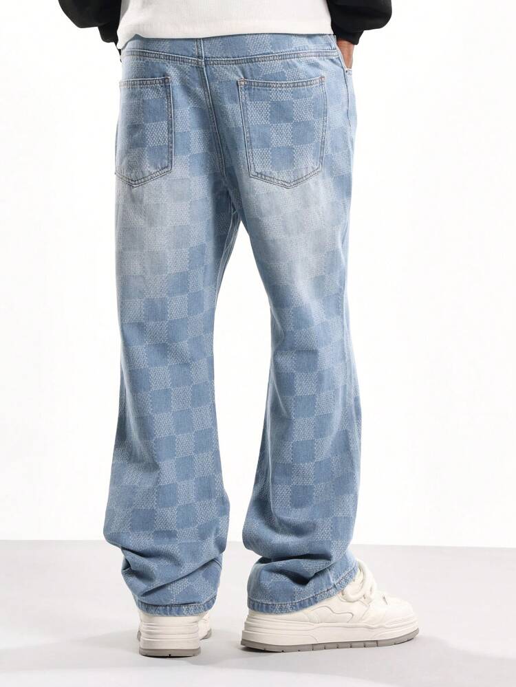 Checkerboard Pattern Wide Leg Denim Jeans With All Over Print