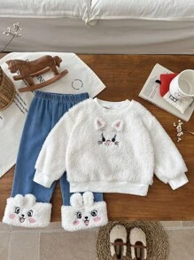 SHEIN Kleinkind Mädchen Plüsch Rundhals Langarm T-Shirt und Hose Set