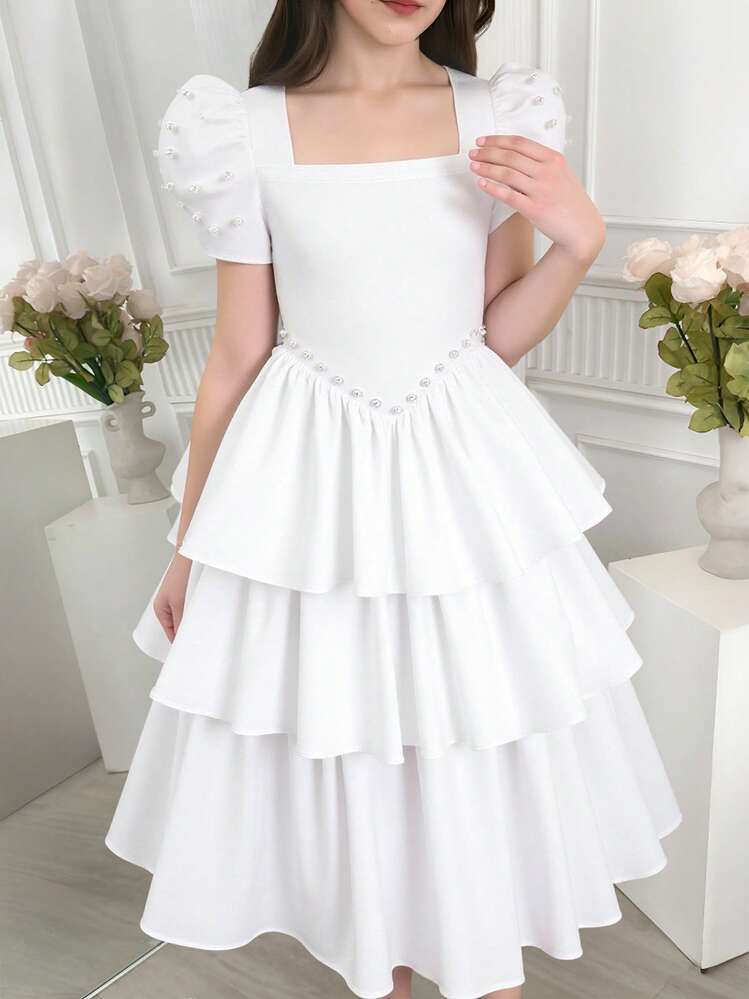 女童纯色珍珠方领蛋糕裙 - 白色 - 查看 10