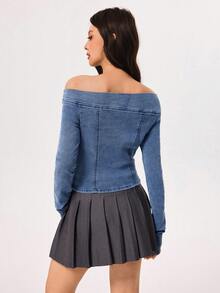 Rivivi 女式露肩长袖修身牛仔衬衫 - 淺色水洗藍 - 查看 2