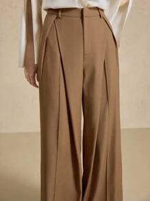 Briarwyn 女士休闲简约纯色褶皱宽松阔腿裤，百搭日常穿着，秋季服装，返校服装，复古风格女性，女士教师装，商务休闲女装工作装 - 卡其色 - 查看 4